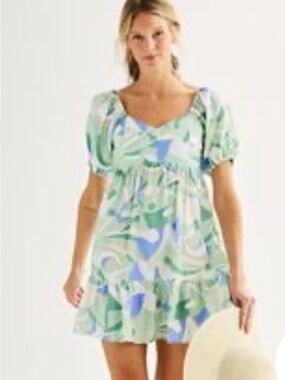 Nine West Green & Blue Abstract Puff-Sleeve Mini Dress NWOT